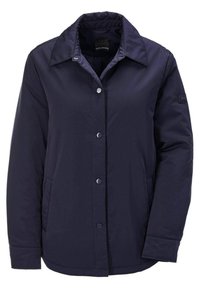 Navyblaue, leichte Jacke mit einer Knopfleiste, großem Kragen, seitlichen Taschen und einem Etikett am linken Ärmel. Glatte Textur, minimalistisches Design.