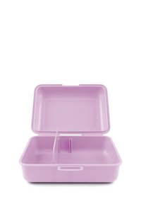 Lunch box rettangolare viola realizzato in plastica, con coperchio a cerniera e divisore rimovibile all'interno. Superficie liscia, design semplice.