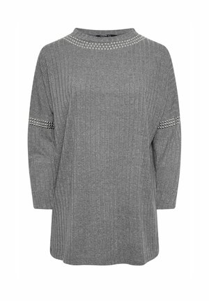 Grijze geribbelde lange mouw top met een ronde halslijn en decoratieve studs langs de schouder en mouw. Zachte textuur, relaxte pasvorm.
