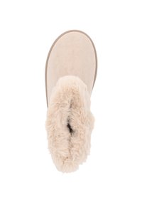 Beige tofflor med en mjuk faux fur-krage, överdel i mocka, rund form och en platt sula som är designad för inomhusbruk.