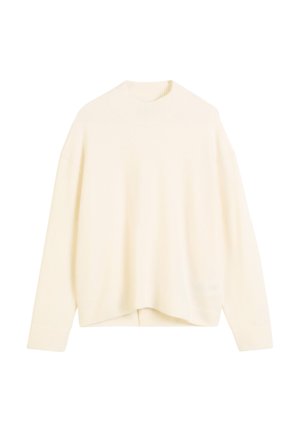 Cremfarbener Pullover mit hohem Kragen, überschnittenen Schultern und lockerer Passform. Hergestellt aus einem weichen, strukturierten Strick mit gerippten Bündchen und Saum.