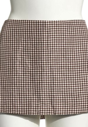 Mini-jupe à carreaux marron et blanc sur un mannequin blanc, coupe droite sans détails visibles ni ornements.