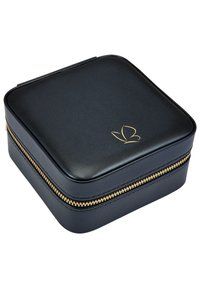 Black leather travel jewelry case with a gold zipper, square shape, slightly rounded edges, and a gold logo on the top.