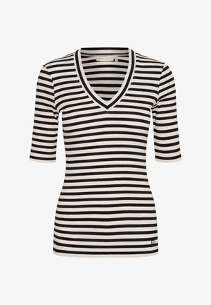 Black and white striped short-sleeve top with a V-neck, ribbed texture, fitted design, and a small logo accent at the hem.