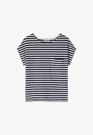 Schwarz-weiß gestreiftes Hemd mit kurzen Ärmeln, rundem Ausschnitt und einer kleinen Tasche auf der linken Seite.