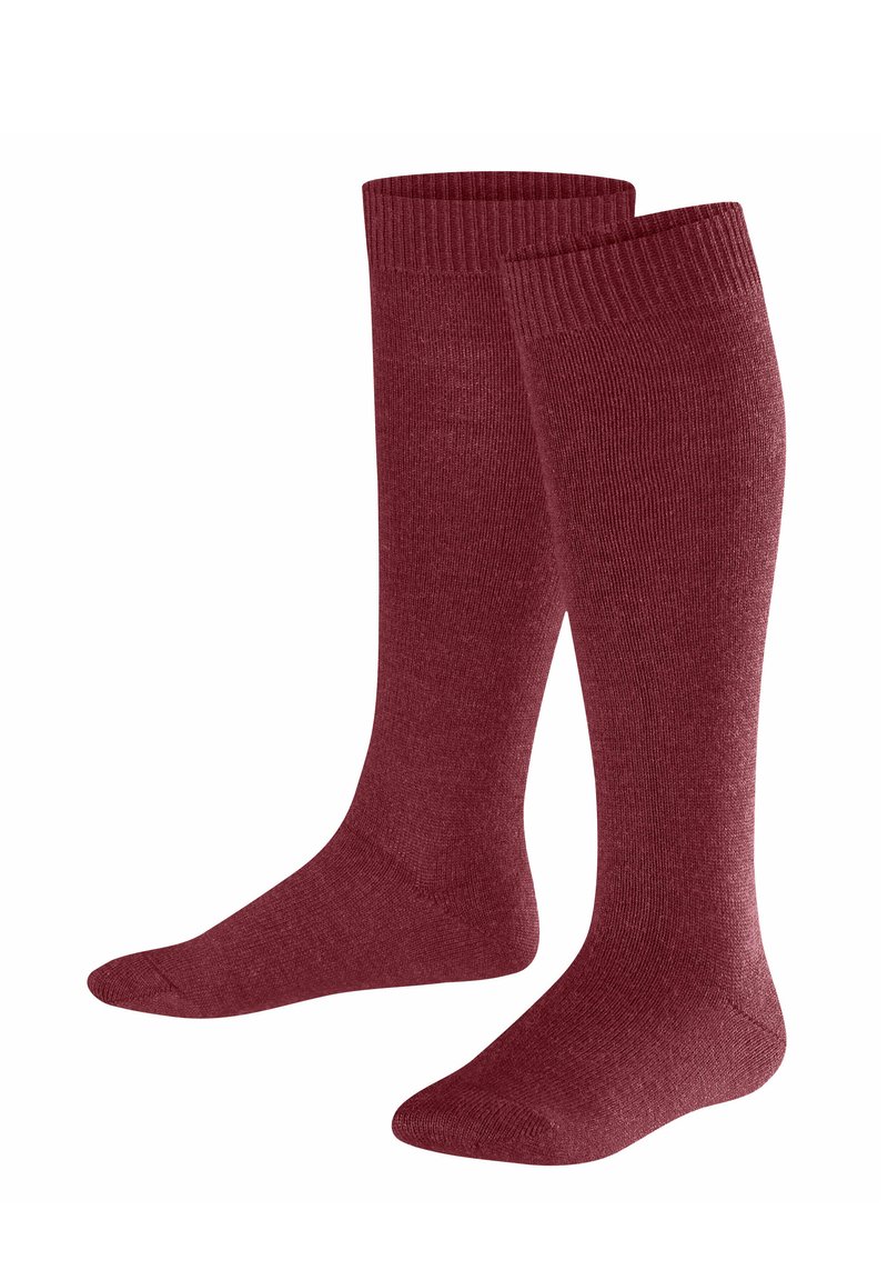 Kniestrümpfe aus strukturiertem, gestricktem Material in dunklem Burgunderrot mit gerippten Bündchen und verstärkten Zehen. Weicher, elastischer Sitz.