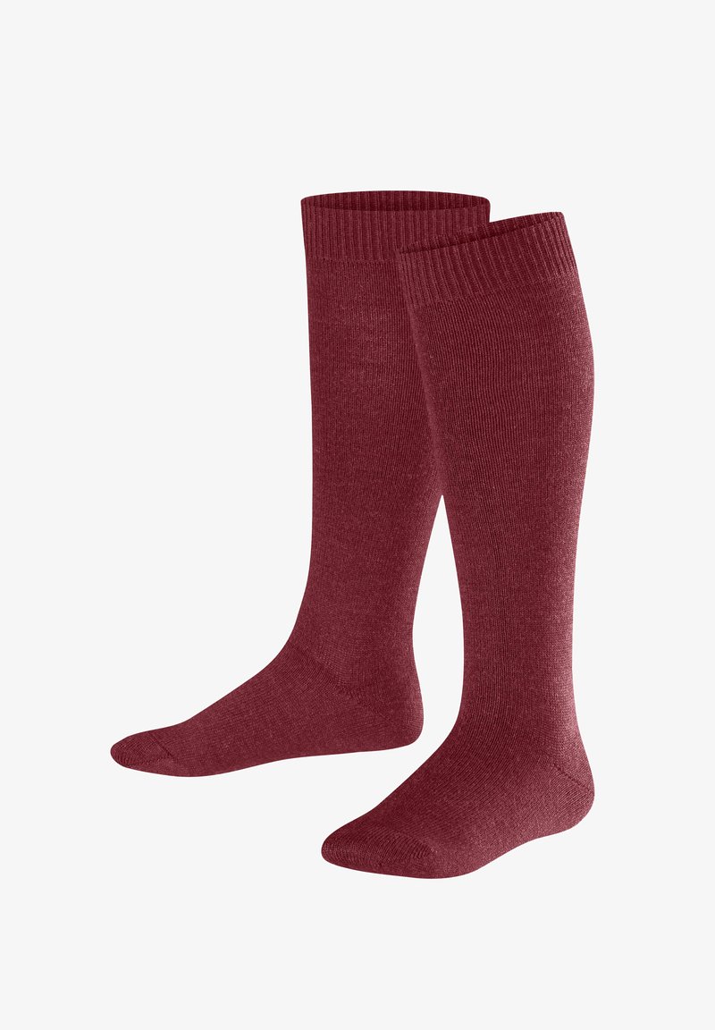 Kniestrümpfe aus strukturiertem, gestricktem Material in dunklem Burgunderrot mit gerippten Bündchen und verstärkten Zehen. Weicher, elastischer Sitz.