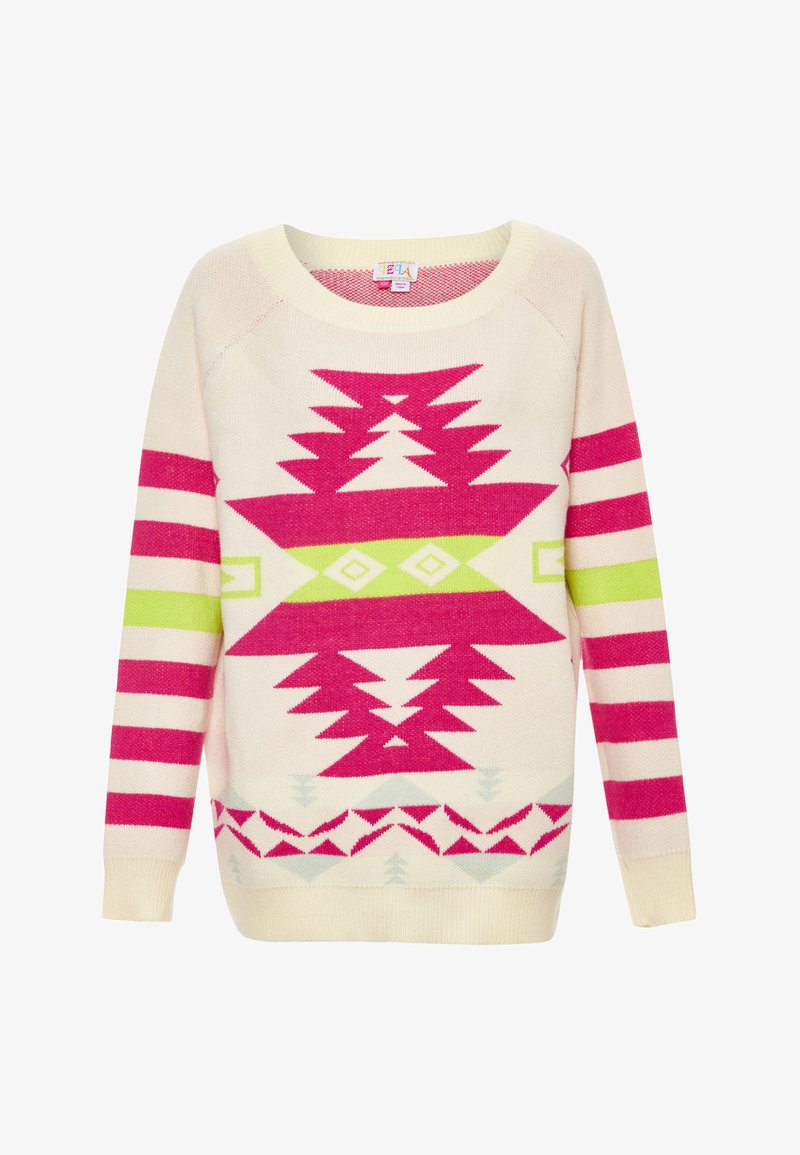 Sweter w kolorze kremowym z różowymi i limonkowymi wzorami geometrycznymi. Posiada okrągły dekolt, długie rękawy oraz ribbone wykończenia przy rękawach i hemie.