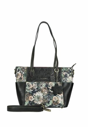 Schwarze Handtasche mit Blumenmuster, doppelten Griffen, abnehmbarem Riemen und blumenförmigem Anhänger, vorne mit der Marke Laura Vita.