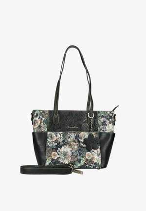 Schwarze Handtasche mit Blumenmuster, doppelten Griffen, abnehmbarem Riemen und blumenförmigem Anhänger, vorne mit der Marke Laura Vita.