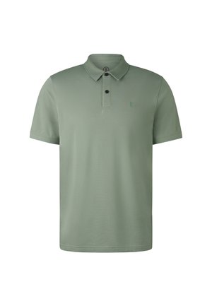 Polohemd aus weichem grünen Stoff, kurze Ärmel, klassischer Kragen, Knopfleiste mit drei Knöpfen, kleines Logo in dunklerem Grün auf der linken Brust.