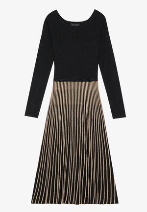 Black long-sleeve dress featuring a fitted top with a scoop neckline and a pleated skirt in alternating black and tan vertical stripes.