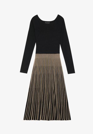 Black long-sleeve dress featuring a fitted top with a scoop neckline and a pleated skirt in alternating black and tan vertical stripes.