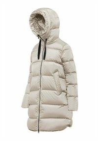 Beige pufferjack met een capuchon, voorzien van zwarte trekkoorden, een volledige rits en horizontaal gestikte patronen; inclusief zijzakken.