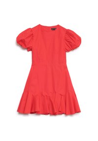 Sarkans puff-sleeve kleita ar pieguļošu korpusu, izplestu frill apakšmalu un aizmugurējo rāvējslēdzēju, izgatavota no gludas auduma.