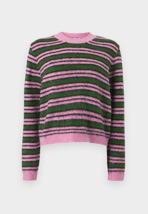 Gestreifter Pullover mit Schattierungen von Rosa und Grün, aus weichem Material gefertigt, mit rundem Ausschnitt und gerippten Bündchen für Struktur.