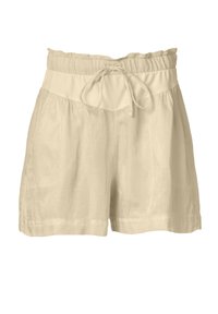 Shorts in lino beige con vita elastica, cordoncino e vestibilità ampia. Presentano una superficie leggermente testurizzata e dettagli di orlo arrotolato.
