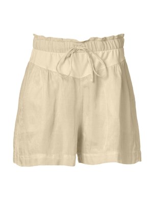 Pantalones cortos de lino beige con una cinturilla elástica, cordón de ajuste y un corte holgado. Presenta una superficie ligeramente texturizada y detalles en el dobladillo enrollado.