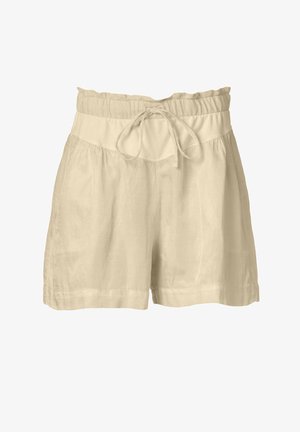 Beige linnen shorts met een elastische tailleband, strikdraad en een losse pasvorm. Beschikt over een licht gestructureerd oppervlak en omgeslagen zoomdetails.