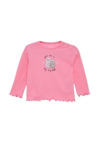Rosa Langarmshirt aus weicher Baumwolle mit rundem Halsausschnitt, Knopfdetails an der Schulter und einem gerafften Saum mit einem Faultier-Graphic.
