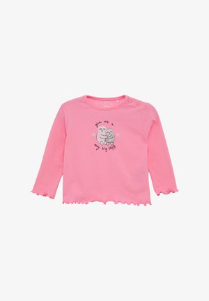 Roze langärmige shirt van zacht katoen met een ronde hals, knoopdetail op de schouder en een gerimpelde zoom met een luiaardgrafiek.