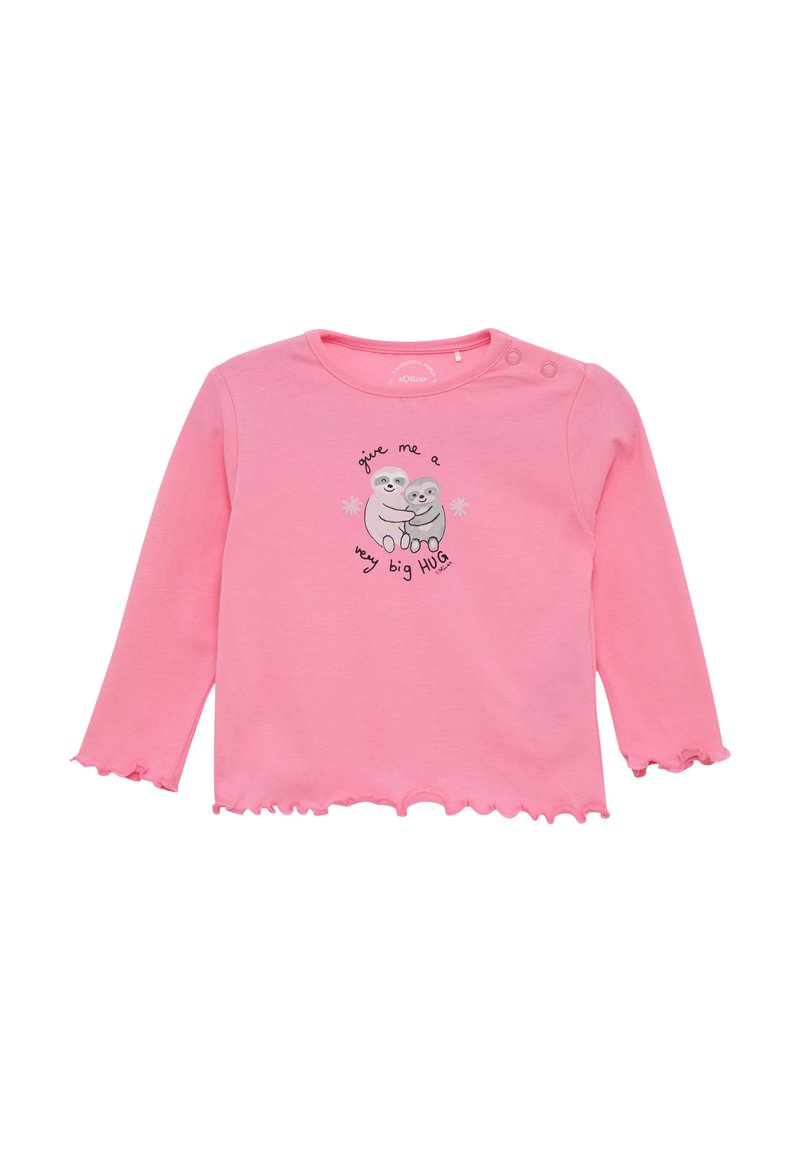 Rosa Langarmshirt aus weicher Baumwolle mit rundem Halsausschnitt, Knopfdetails an der Schulter und einem gerafften Saum mit einem Faultier-Graphic.