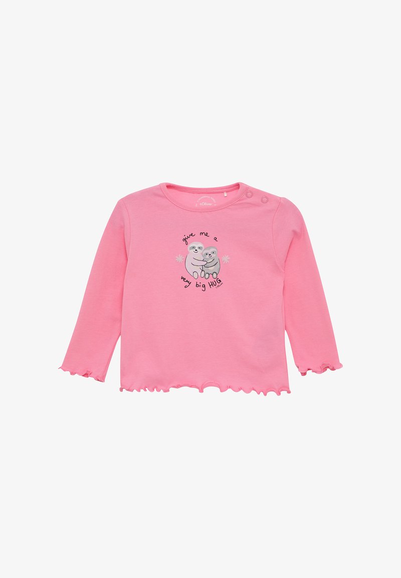 Rosa Langarmshirt aus weicher Baumwolle mit rundem Halsausschnitt, Knopfdetails an der Schulter und einem gerafften Saum mit einem Faultier-Graphic.