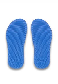 Blå flip-flopsulor med texturerad yta och riller för grepp. Har en logotyp nära hälområdet, designade för komfort och grepp.