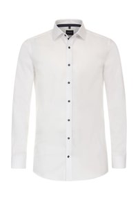 Witte lange mouwen shirt van gestructureerde stof, met een button-down kraag en donkerblauwe knopen langs de voorkant en mouwen.