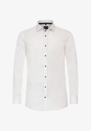 Weißes Langarmhemd aus strukturiertem Stoff, mit einem Button-Down-Kragen und dunkelblauen Knöpfen entlang der Vorderseite und an den Manschetten.