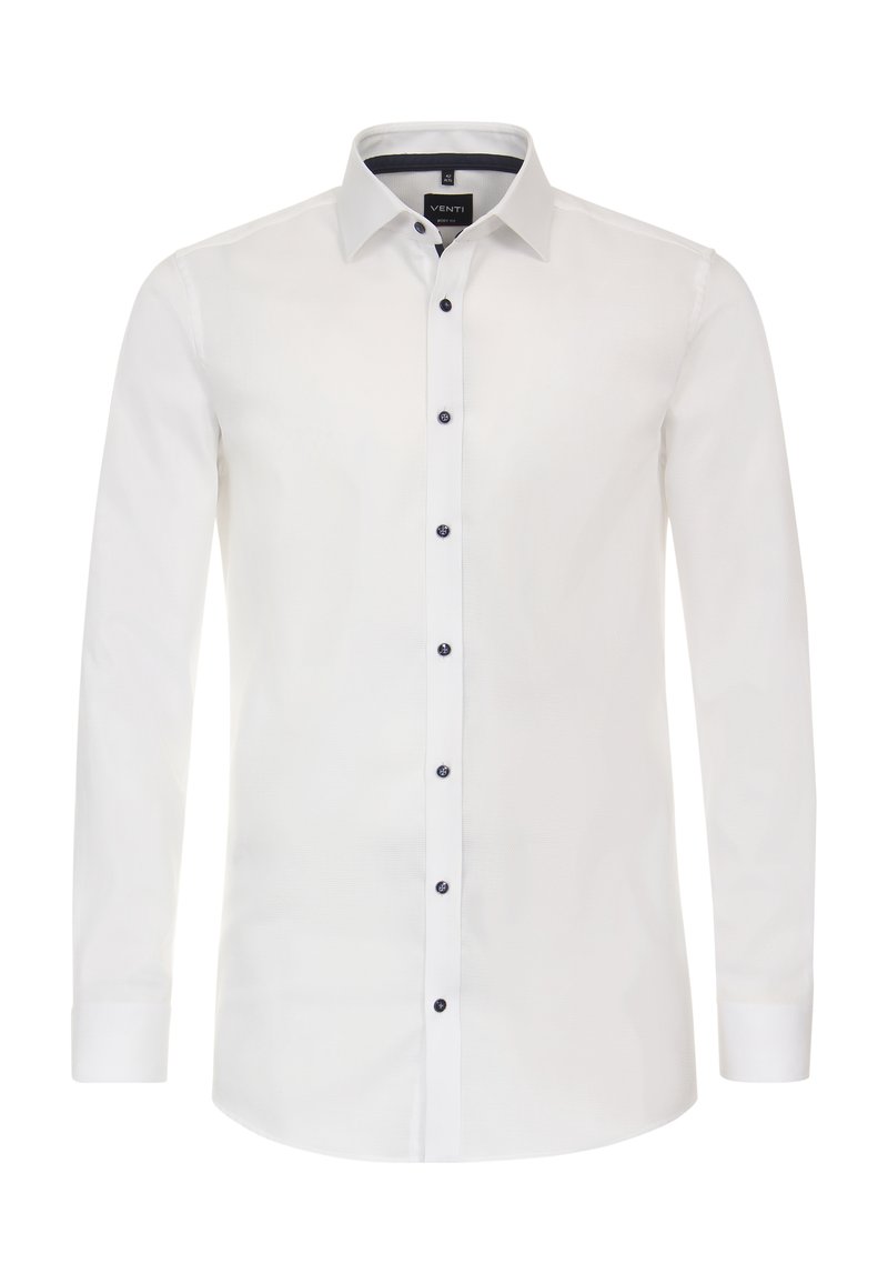 Witte lange mouwen shirt van gestructureerde stof, met een button-down kraag en donkerblauwe knopen langs de voorkant en mouwen.