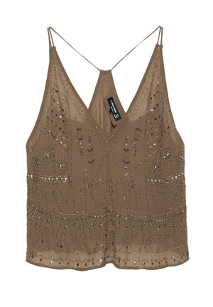 Brauner ärmelloser Oberteil mit einem tiefen V-Ausschnitt, verziert mit aufwendigen Perlenarbeiten und Mustern, ausgestattet mit dünnen verstellbaren Trägern.