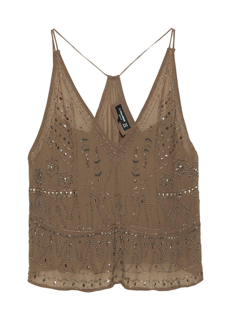 Brauner ärmelloser Oberteil mit einem tiefen V-Ausschnitt, verziert mit aufwendigen Perlenarbeiten und Mustern, ausgestattet mit dünnen verstellbaren Trägern.