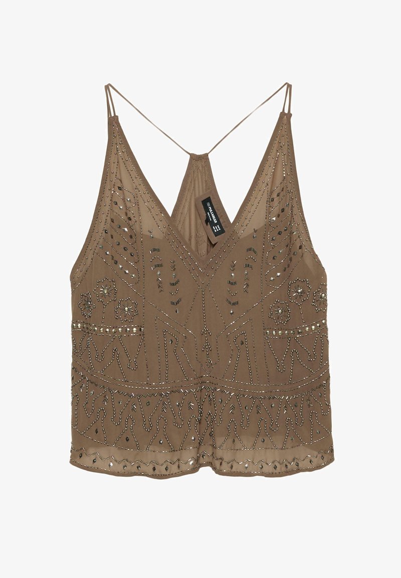 Brauner ärmelloser Oberteil mit einem tiefen V-Ausschnitt, verziert mit aufwendigen Perlenarbeiten und Mustern, ausgestattet mit dünnen verstellbaren Trägern.