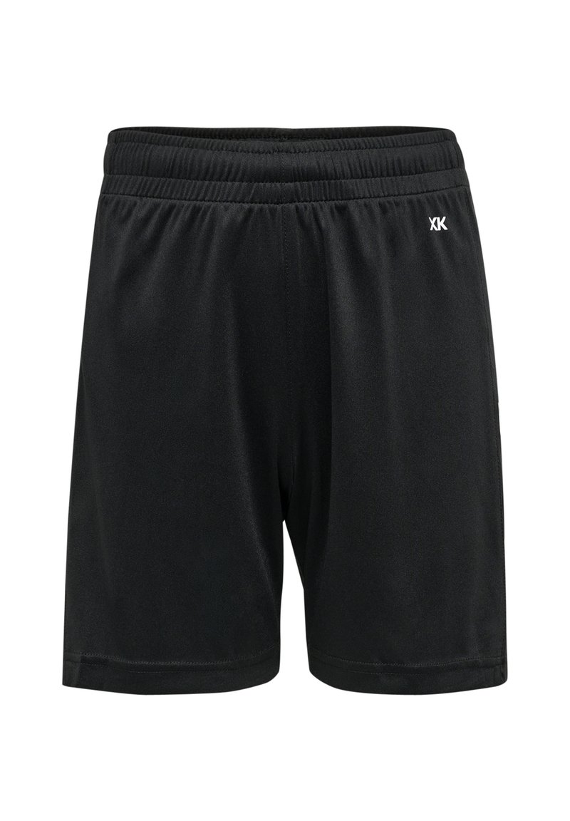 Schwarze Sportshorts mit einem elastischen Bund, aus leichtem Material gefertigt. Auf der Vorderseite befindet sich ein kleines weißes Logo.