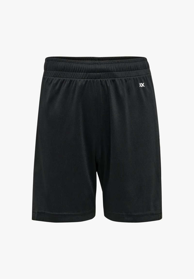 Schwarze Sportshorts mit einem elastischen Bund, aus leichtem Material gefertigt. Auf der Vorderseite befindet sich ein kleines weißes Logo.