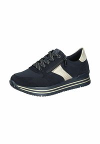 Schwarzes Wildleder-Sneaker mit einem gemusterten beigen Akzent, Schnürdesign, seitlichem Reißverschluss und einer strukturierten Sohle mit weißen Spritzern.