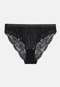 Fekete csipkés bikini alsó virágmintával, áttetsző elejével és puha anyagú derékpántjával a kényelem érdekében. Részletes csipke díszítéssel kiemelve.