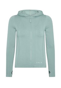 Zip-up jakna s kapuljačom u svijetlozelenoj boji, s teksturiranim uzorkom, prilagođenim dizajnom i rupama za palčeve na rukavima. Bijeli logotip na rubu.