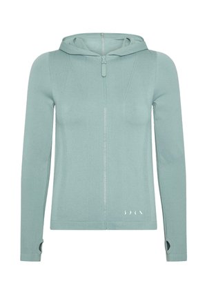 Kapuzenshirt mit Reißverschluss in hellgrün, mit strukturiertem Muster, tailliertem Design und Daumenlöchern in den Ärmeln. Weiße Logodetails am Saum.