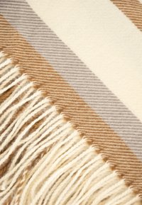 Wollen deken met crème, bruine en grijze strepen. Heeft een zachte textuur, franjes aan de randen en een diagonale streepjespatroon over de stof.