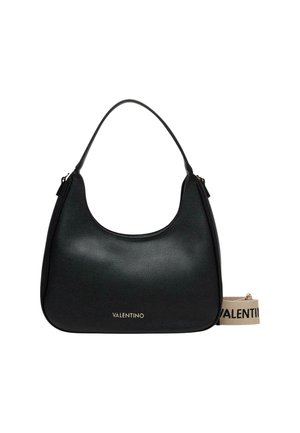 Zwarte Valentino leren handtas met enkele bovenhandgreep en beige afneembare riem met zwarte VALENTINO-tekst.