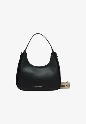 Sac à main en cuir noir Valentino avec une unique poignée supérieure et une bandoulière beige amovible avec texte noir VALENTINO.
