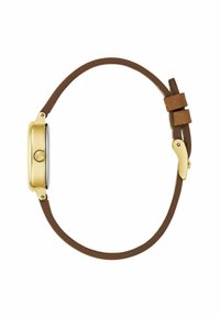 Montre dorée avec un bracelet en cuir brun. Boîtier arrondi avec une finition lisse, arborant un cadran noir élégant et un accent texturé sur le bracelet.