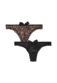 Set di lingerie con perizoma a stampa leopardata in mesh trasparente e perizoma nero con bordi smerlati, entrambi decorati con fiocchi di raso nero.