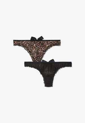 Set di lingerie con perizoma a stampa leopardata in mesh trasparente e perizoma nero con bordi smerlati, entrambi decorati con fiocchi di raso nero.