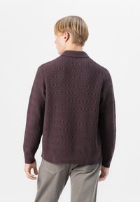 Maroon knit sweater with a textured, geometric pattern, featuring a classic collar and ribbed cuffs, shown from the back.