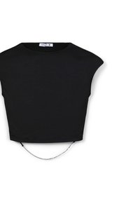 Top corto nero realizzato in tessuto liscio, con maniche corte, scollatura rotonda e dettaglio in catena argentata sull'orlo.
