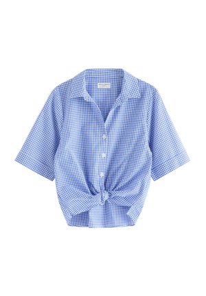 Blå og hvide gingham skjorte med korte ærmer, knapper, krave og knude foran.