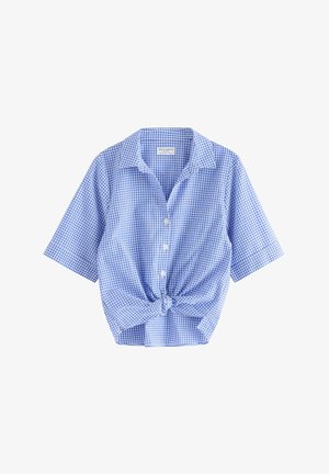 Blå og hvide gingham skjorte med korte ærmer, knapper, krave og knude foran.